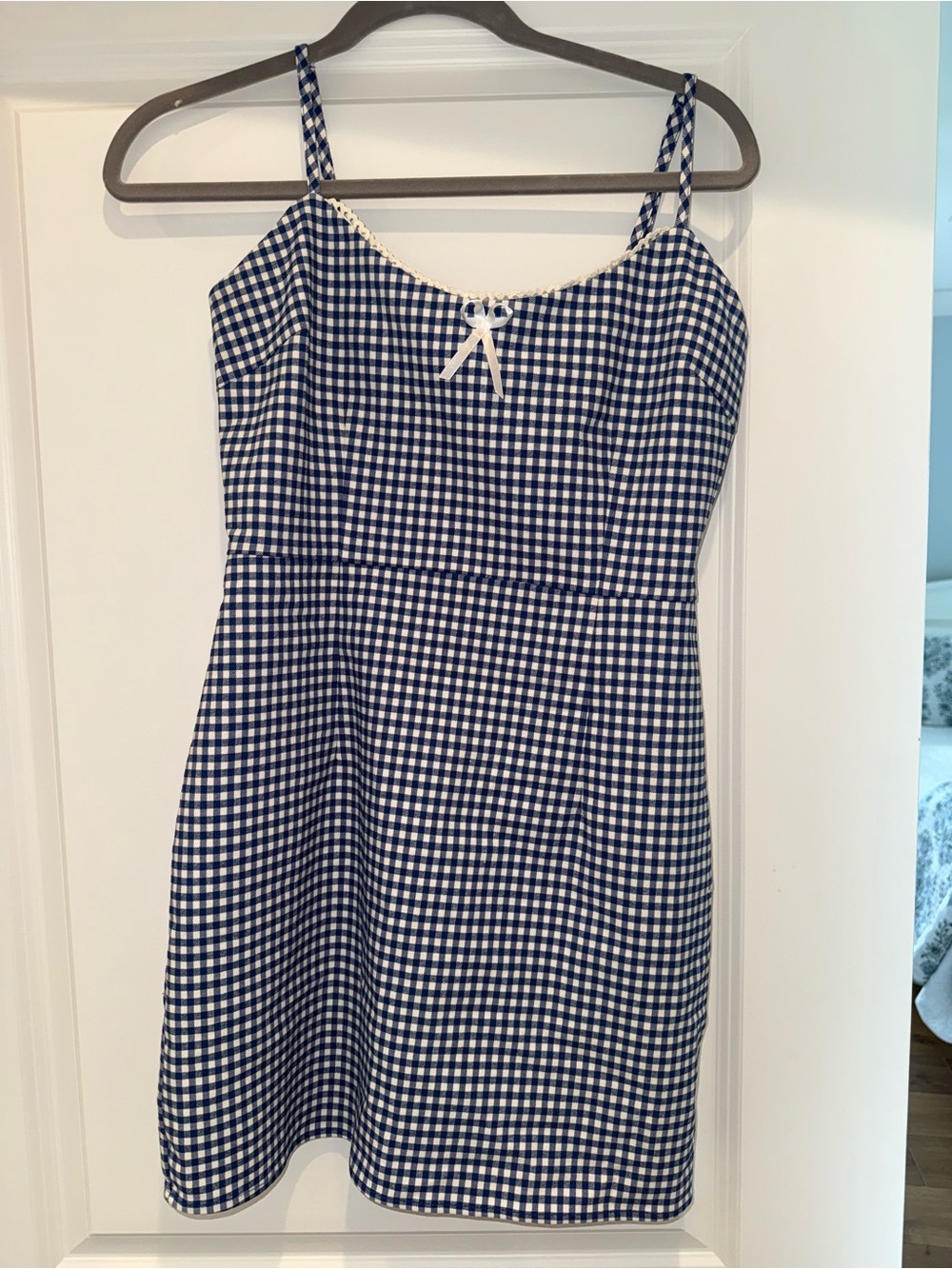 Blue and white checkered mini with lace accents